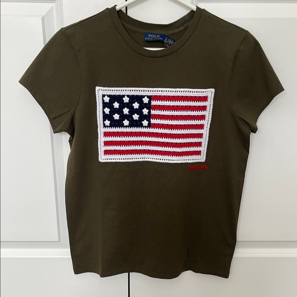 Polo Ralph Lauren Crotchet Flag 100% Cotton Crewneck T-shirt Preppy Americana - Picture 7 of 9